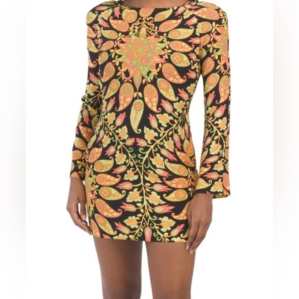 NWT $150 ZARA Printed 60s Boho Mini Dress Long Sleeve Multi Color XS
